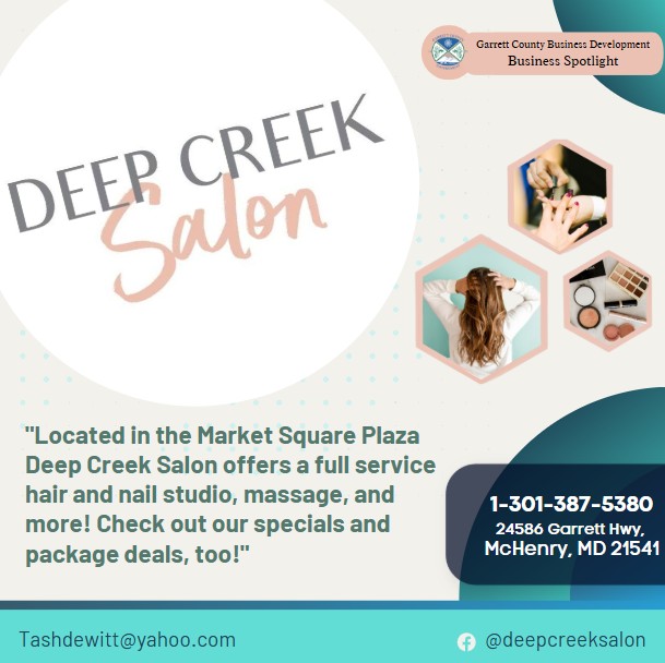 Today's Business Spotlight ✂️ is on Deep Creek Salon!
Visit them at Deep Creek Salon
Follow us to see more daily Garrett County Business Spotlights! 
If you are interested in having your business featured contact Connor Norman at cnorman@garrettcountymd.gov. #businessdevelopment #garrettcountymd